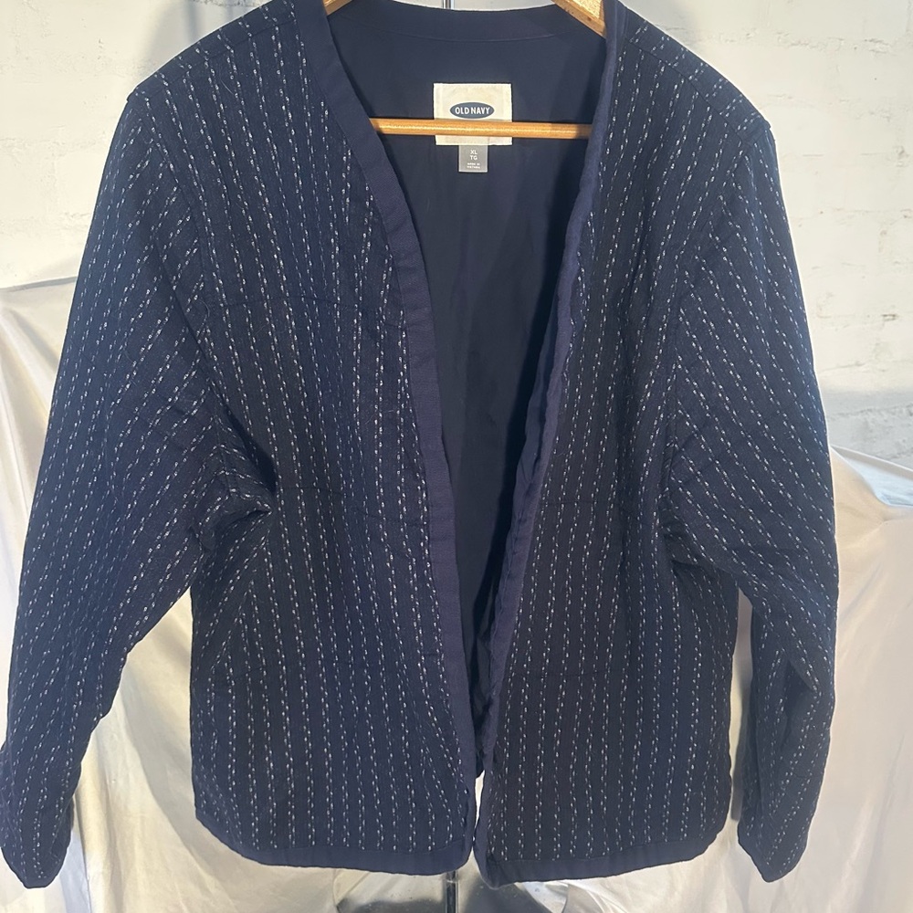 Old Navy Blue & White Womens Boho Quilted Jacket Open Front Size XL